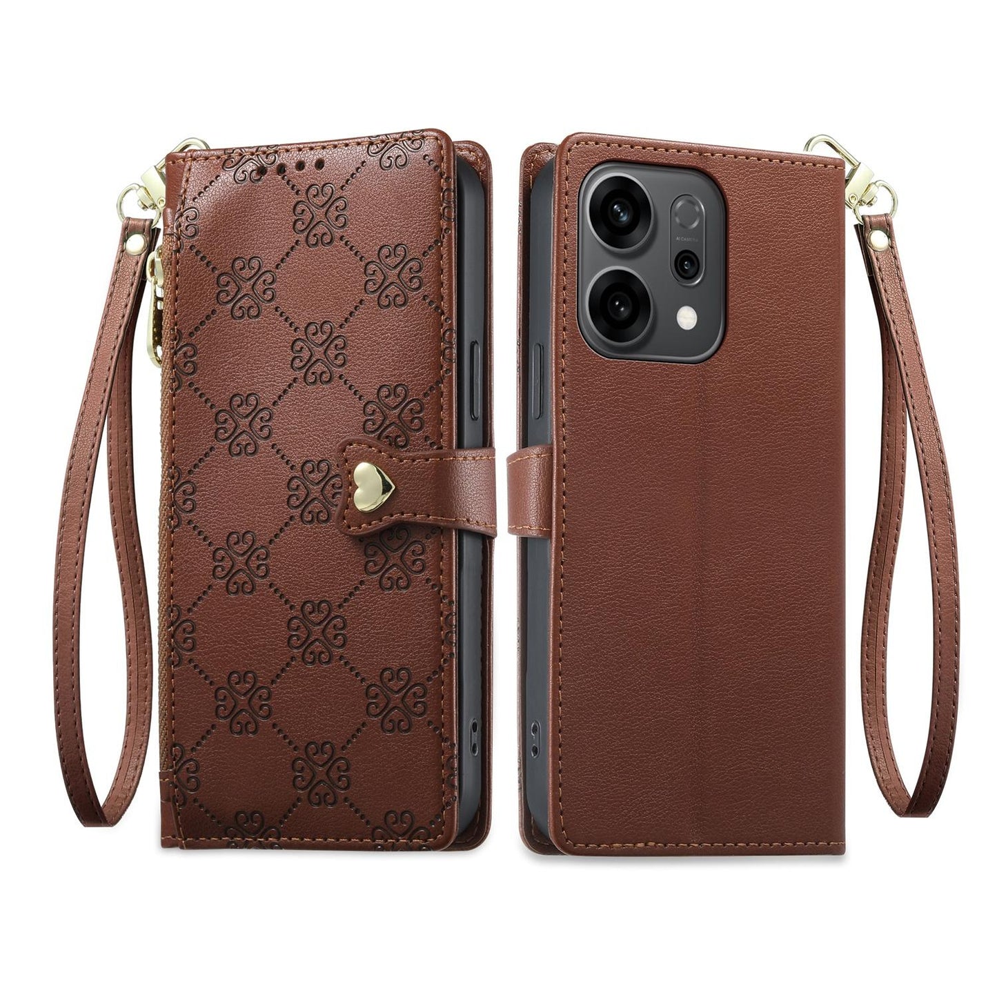 For OPPO Reno14 Global / Reno14 F 5G Zipper Wallet Heart Buckle Vegan Leather Phone Case with Wrist Strap(Brown)