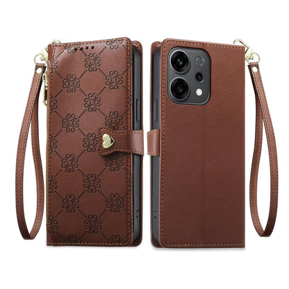 For OPPO Reno14 Global / Reno14 F 5G Zipper Wallet Heart Buckle Vegan Leather Phone Case with Wrist Strap(Brown)
