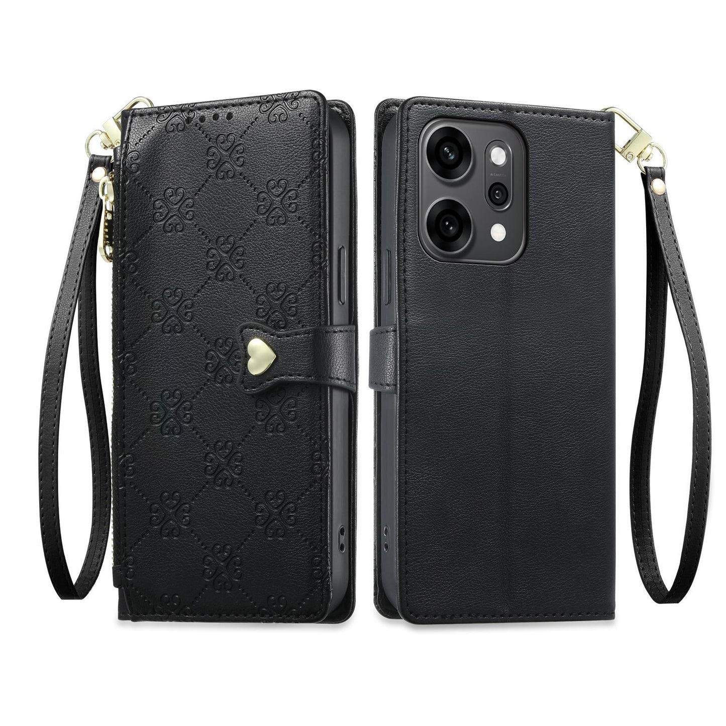 For OPPO Reno14 Pro Global Zipper Wallet Heart Buckle Vegan Leather Phone Case with Wrist Strap(Black)