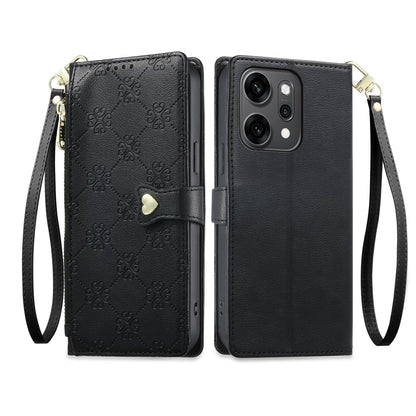 For OPPO Reno14 Pro Global Zipper Wallet Heart Buckle Vegan Leather Phone Case with Wrist Strap(Black)
