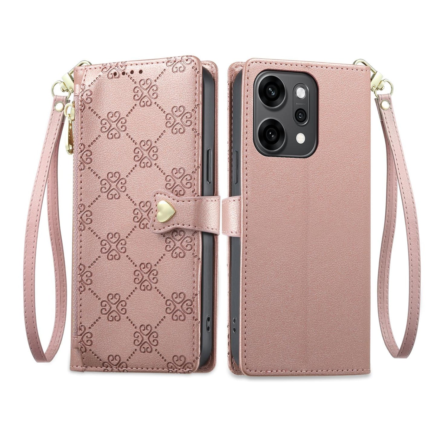 For OPPO Reno14 Pro Global Zipper Wallet Heart Buckle Vegan Leather Phone Case with Wrist Strap(Pink)