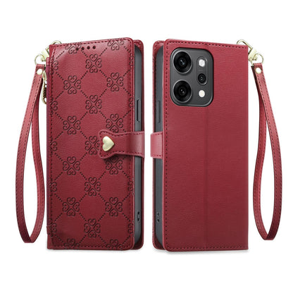For OPPO Reno14 Pro Global Zipper Wallet Heart Buckle Vegan Leather Phone Case with Wrist Strap(Red)