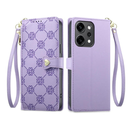 For OPPO Reno14 Pro Global Zipper Wallet Heart Buckle Vegan Leather Phone Case with Wrist Strap(Purple)