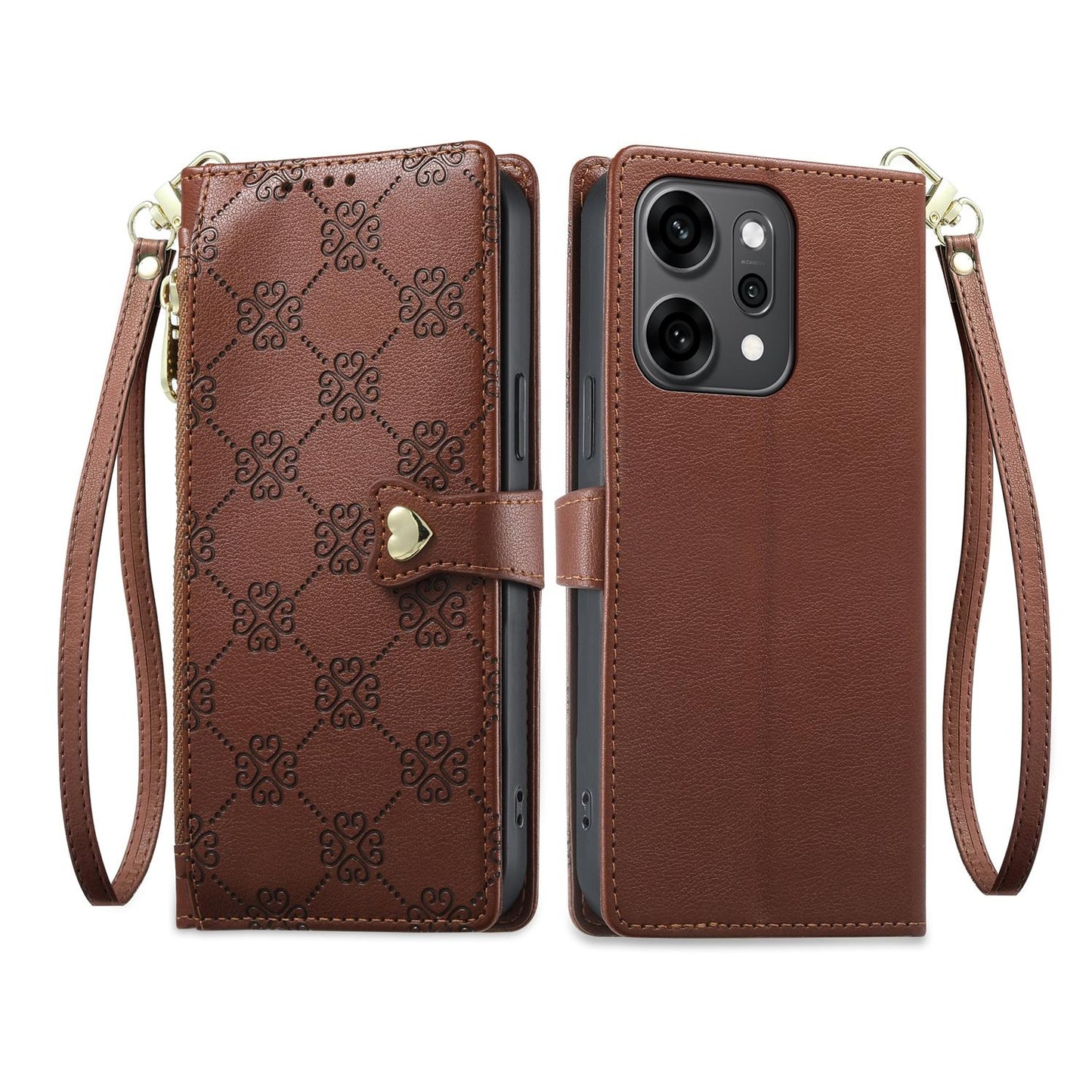 For OPPO Reno14 Pro Global Zipper Wallet Heart Buckle Vegan Leather Phone Case with Wrist Strap(Brown)