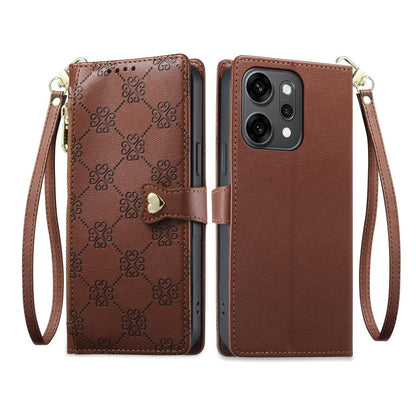 For OPPO Reno14 Pro Global Zipper Wallet Heart Buckle Vegan Leather Phone Case with Wrist Strap(Brown)