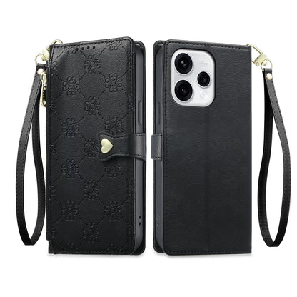 For OPPO Reno15 5G Global Zipper Wallet Heart Buckle Vegan Leather Phone Case with Wrist Strap(Black)