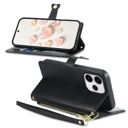 For OPPO Reno15 5G Global Zipper Wallet Heart Buckle Vegan Leather Phone Case with Wrist Strap(Black)