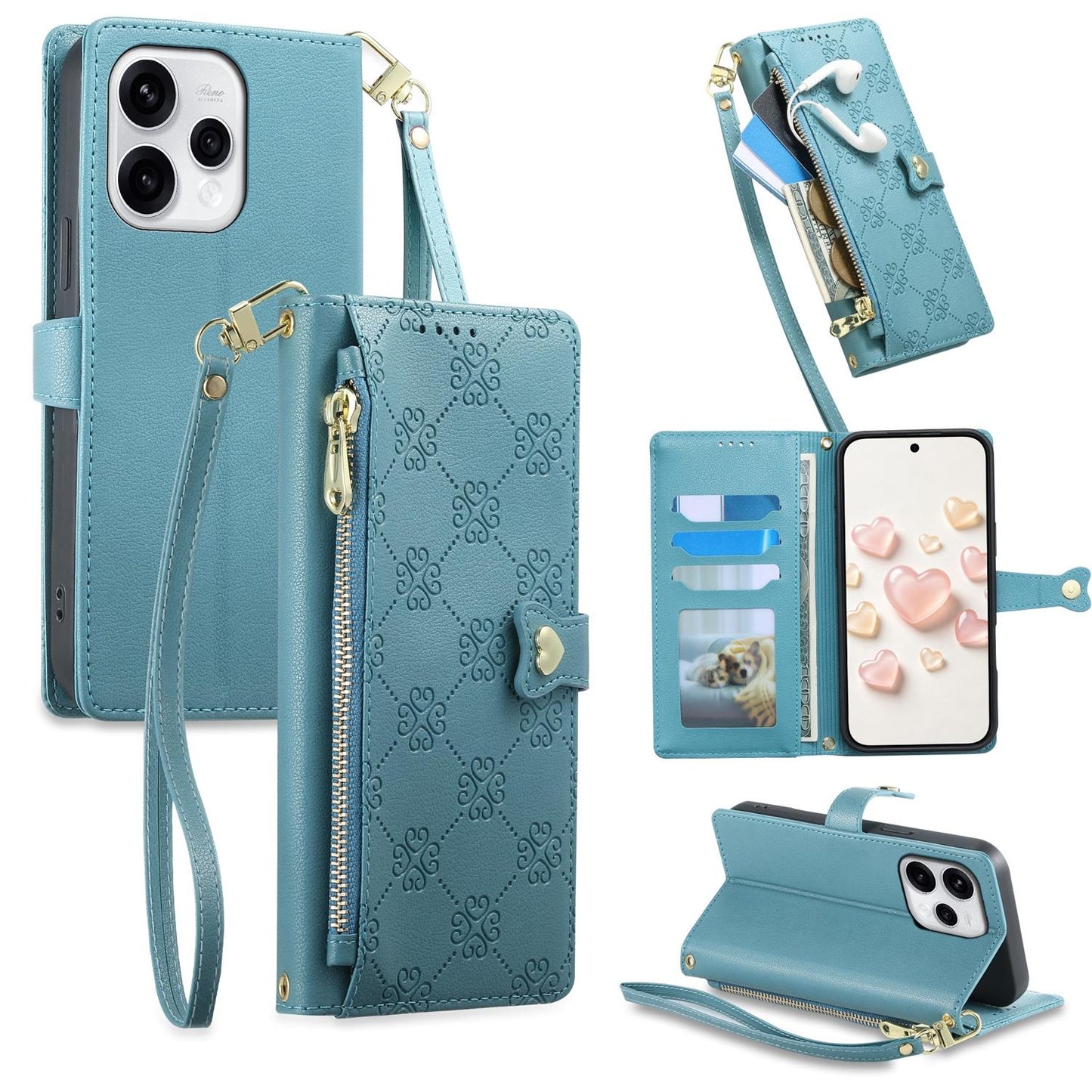 For OPPO Reno15 5G Global Zipper Wallet Heart Buckle Vegan Leather Phone Case with Wrist Strap(Lake Blue)