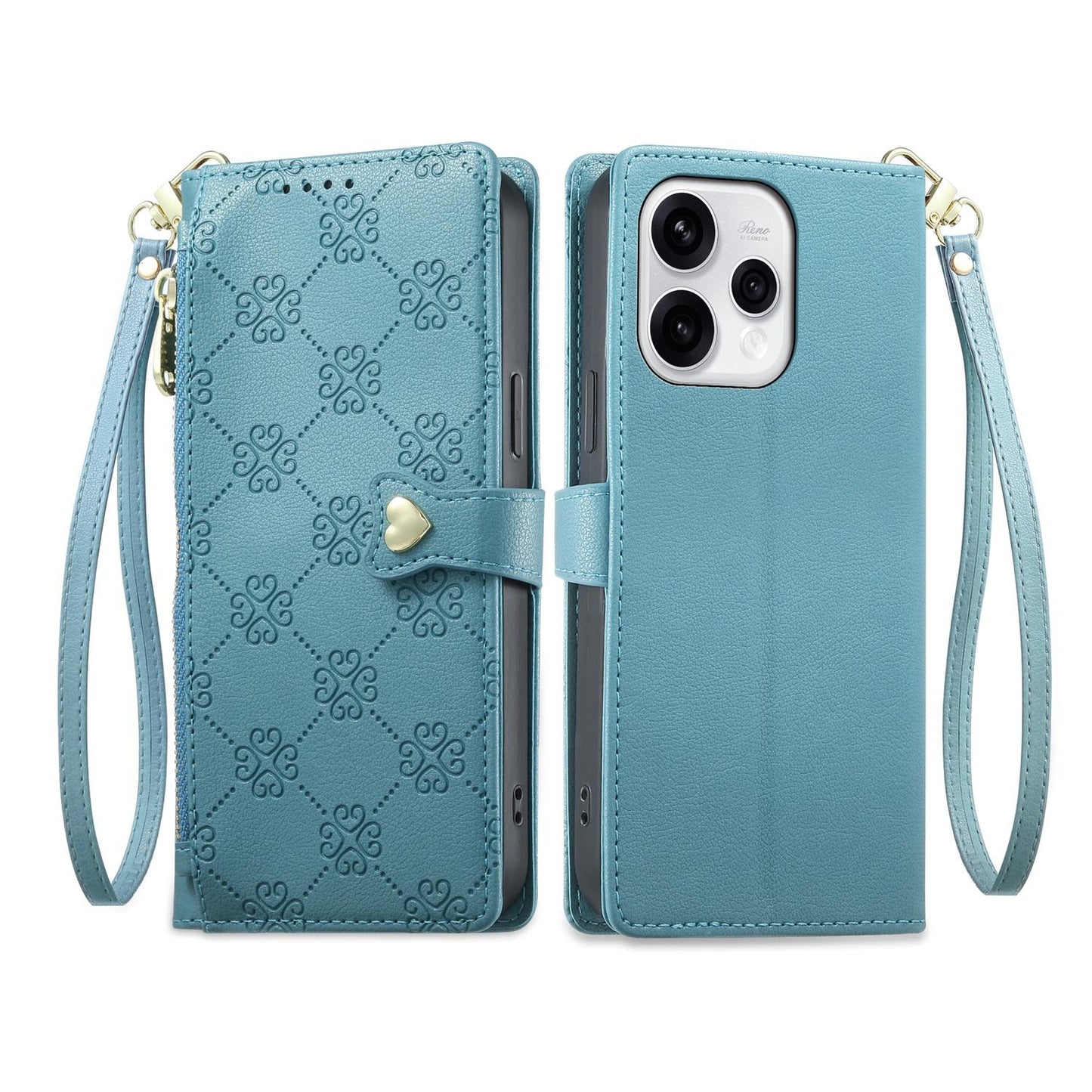 For OPPO Reno15 5G Global Zipper Wallet Heart Buckle Vegan Leather Phone Case with Wrist Strap(Lake Blue)