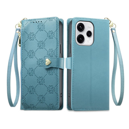 For OPPO Reno15 5G Global Zipper Wallet Heart Buckle Vegan Leather Phone Case with Wrist Strap(Lake Blue)
