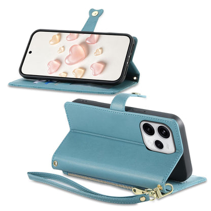 For OPPO Reno15 5G Global Zipper Wallet Heart Buckle Vegan Leather Phone Case with Wrist Strap(Lake Blue)