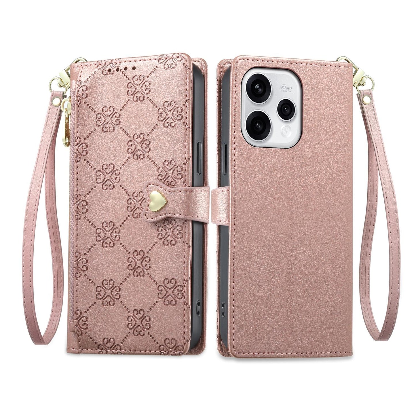 For OPPO Reno15 5G Global Zipper Wallet Heart Buckle Vegan Leather Phone Case with Wrist Strap(Pink)