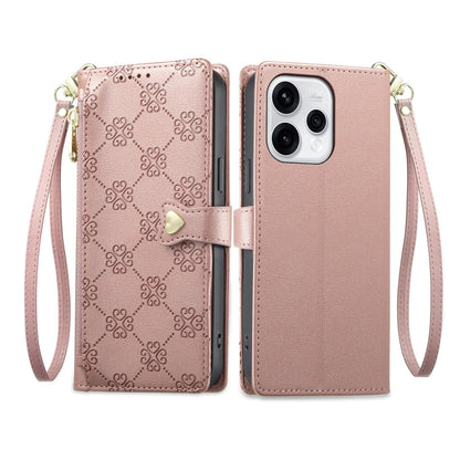 For OPPO Reno15 5G Global Zipper Wallet Heart Buckle Vegan Leather Phone Case with Wrist Strap(Pink)