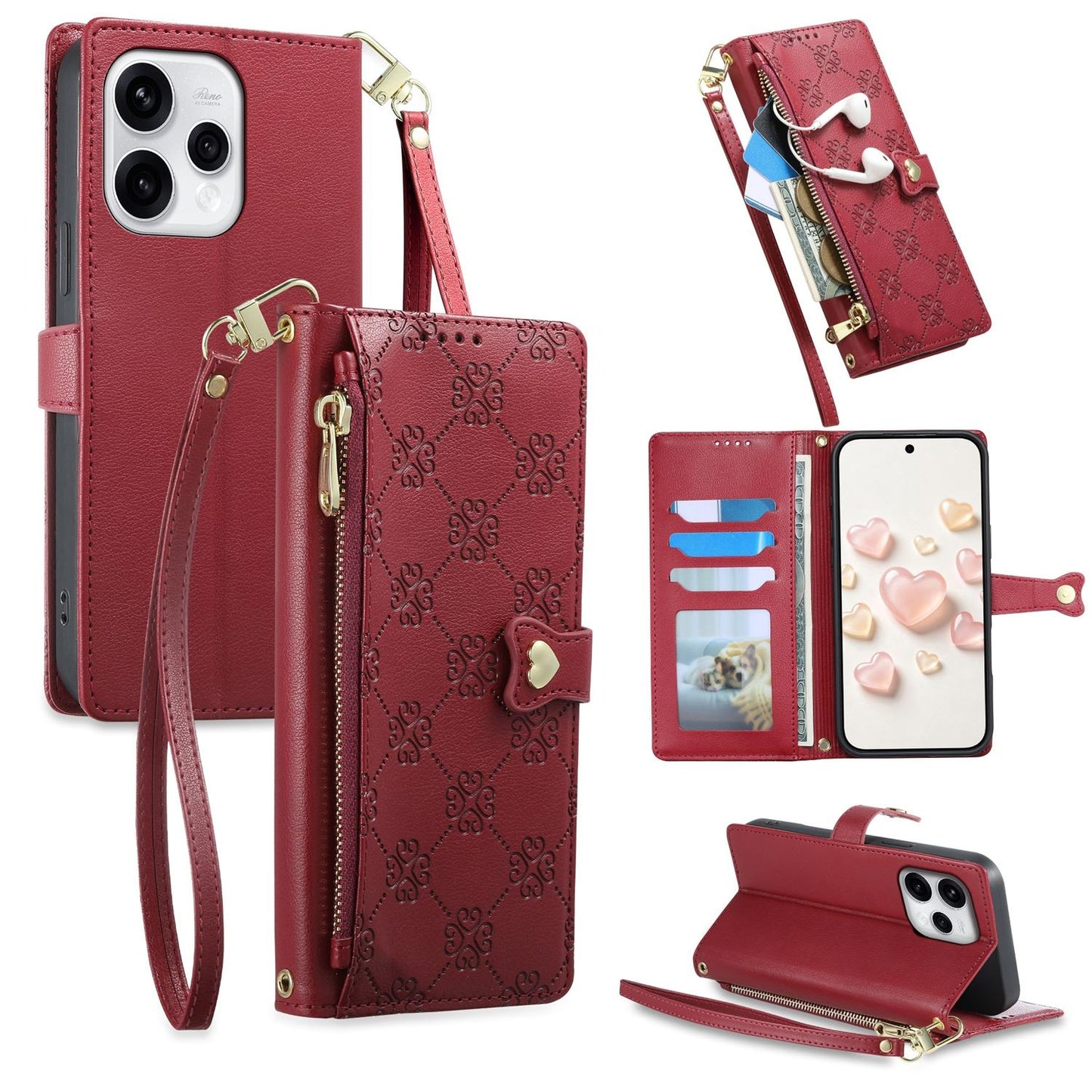 For OPPO Reno15 5G Global Zipper Wallet Heart Buckle Vegan Leather Phone Case with Wrist Strap(Red)