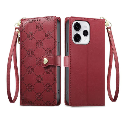 For OPPO Reno15 5G Global Zipper Wallet Heart Buckle Vegan Leather Phone Case with Wrist Strap(Red)