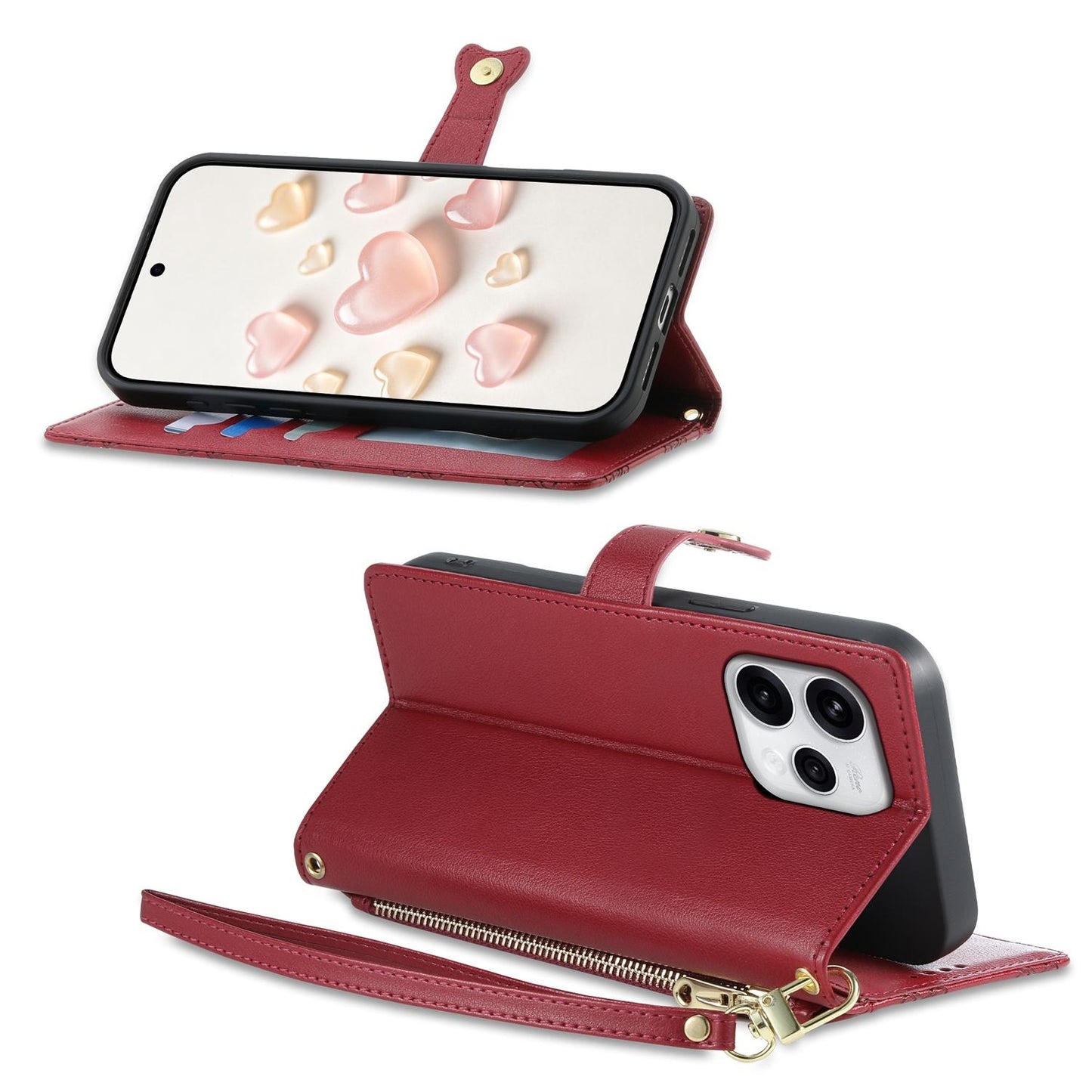 For OPPO Reno15 5G Global Zipper Wallet Heart Buckle Vegan Leather Phone Case with Wrist Strap(Red)