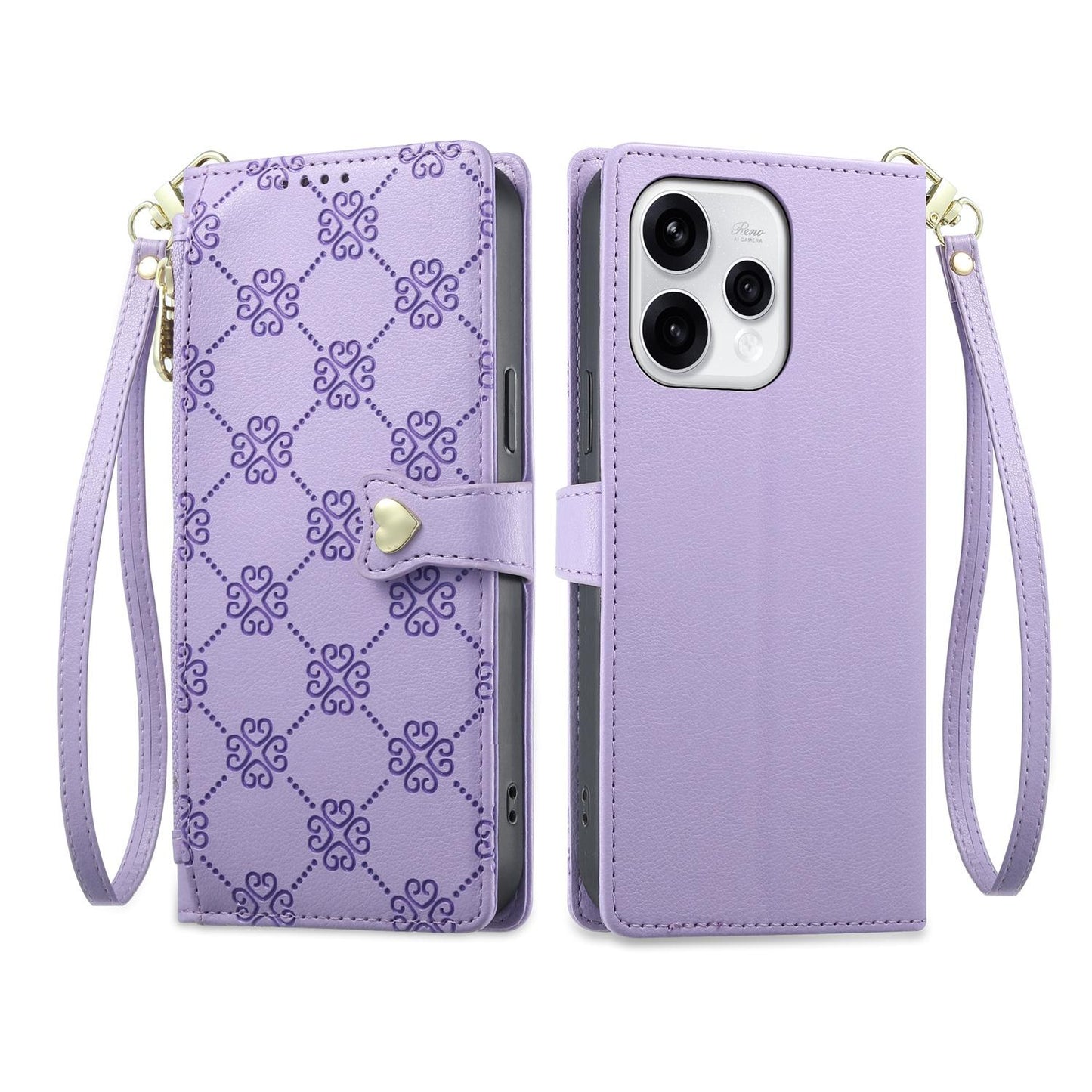 For OPPO Reno15 5G Global Zipper Wallet Heart Buckle Vegan Leather Phone Case with Wrist Strap(Purple)