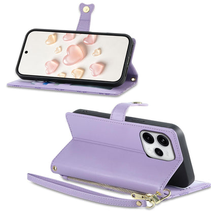 For OPPO Reno15 5G Global Zipper Wallet Heart Buckle Vegan Leather Phone Case with Wrist Strap(Purple)