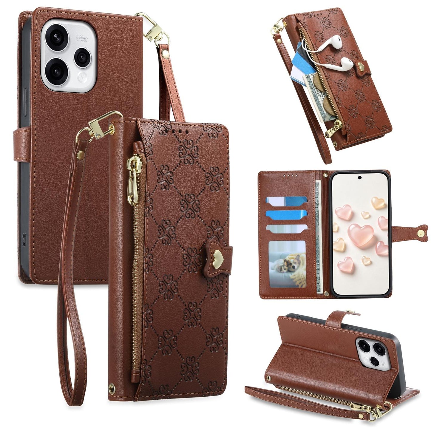 For OPPO Reno15 5G Global Zipper Wallet Heart Buckle Vegan Leather Phone Case with Wrist Strap(Brown)
