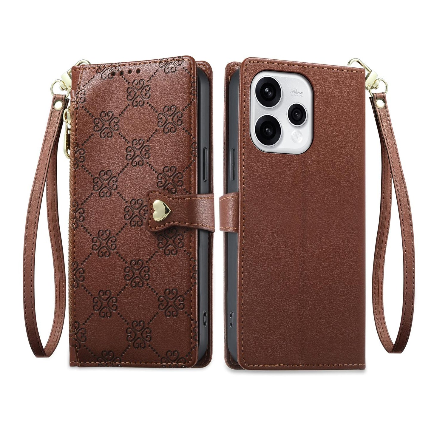 For OPPO Reno15 5G Global Zipper Wallet Heart Buckle Vegan Leather Phone Case with Wrist Strap(Brown)