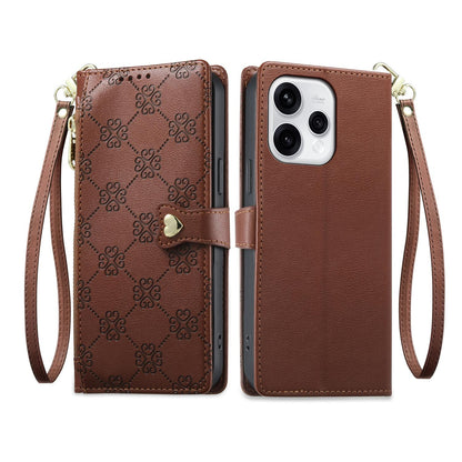 For OPPO Reno15 5G Global Zipper Wallet Heart Buckle Vegan Leather Phone Case with Wrist Strap(Brown)