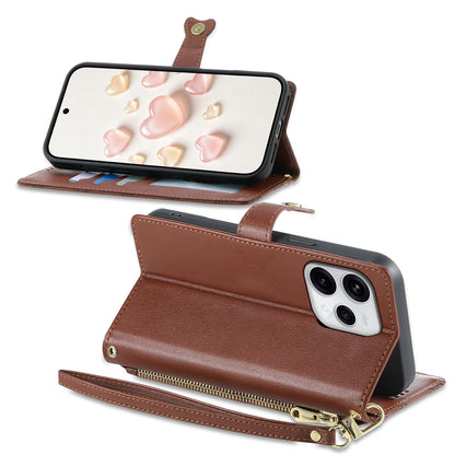 For OPPO Reno15 5G Global Zipper Wallet Heart Buckle Vegan Leather Phone Case with Wrist Strap(Brown)
