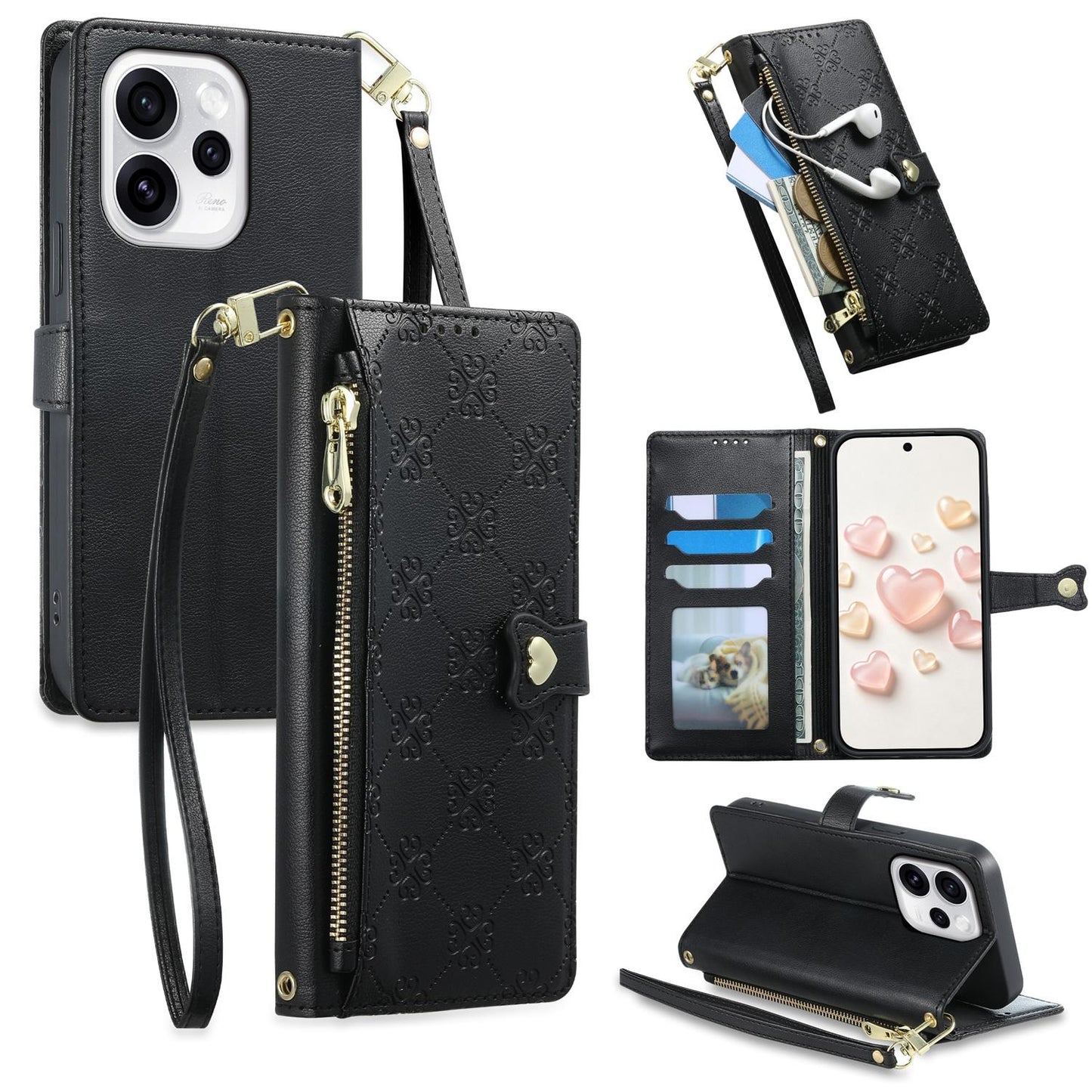 For OPPO Reno15 Pro 5G Global Zipper Wallet Heart Buckle Vegan Leather Phone Case with Wrist Strap(Black)