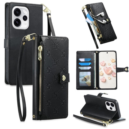 For OPPO Reno15 Pro 5G Global Zipper Wallet Heart Buckle Vegan Leather Phone Case with Wrist Strap(Black)