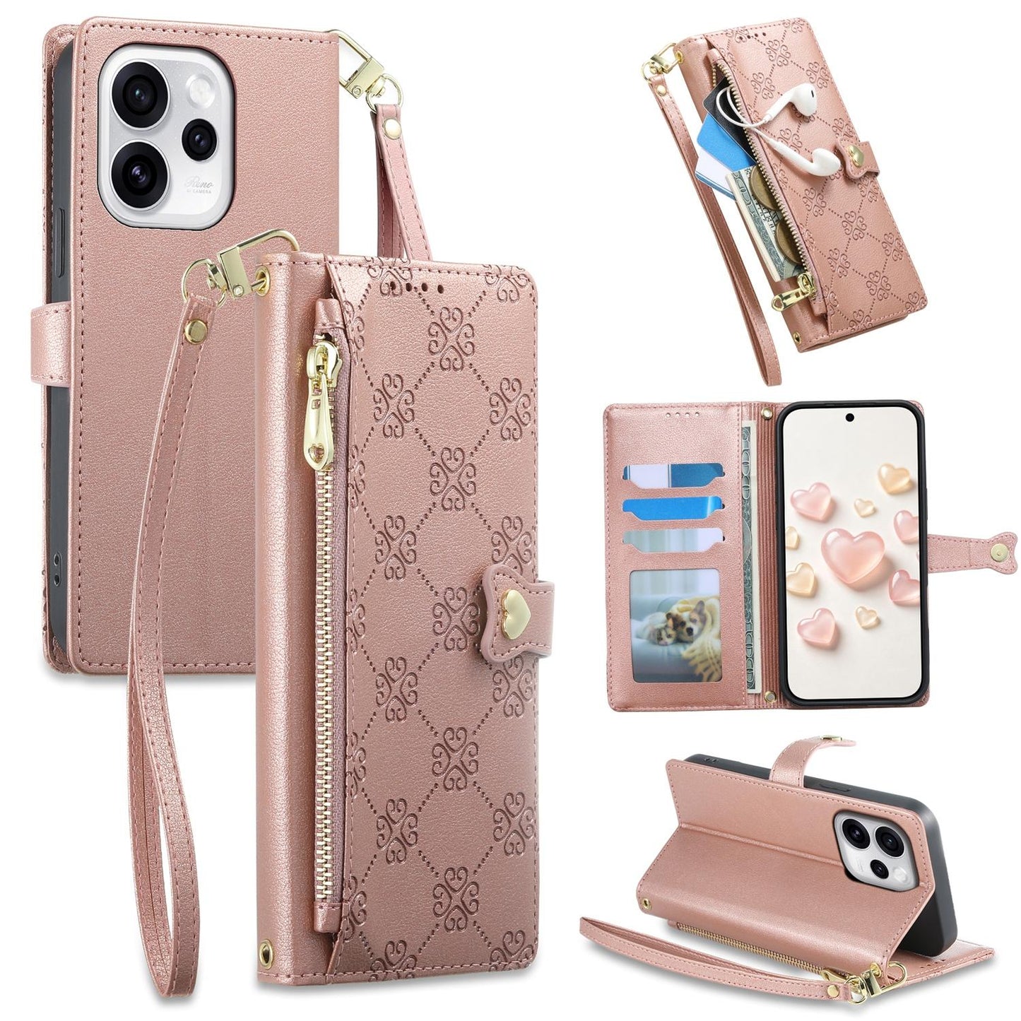For OPPO Reno15 Pro 5G Global Zipper Wallet Heart Buckle Vegan Leather Phone Case with Wrist Strap(Pink)