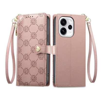 For OPPO Reno15 Pro 5G Global Zipper Wallet Heart Buckle Vegan Leather Phone Case with Wrist Strap(Pink)