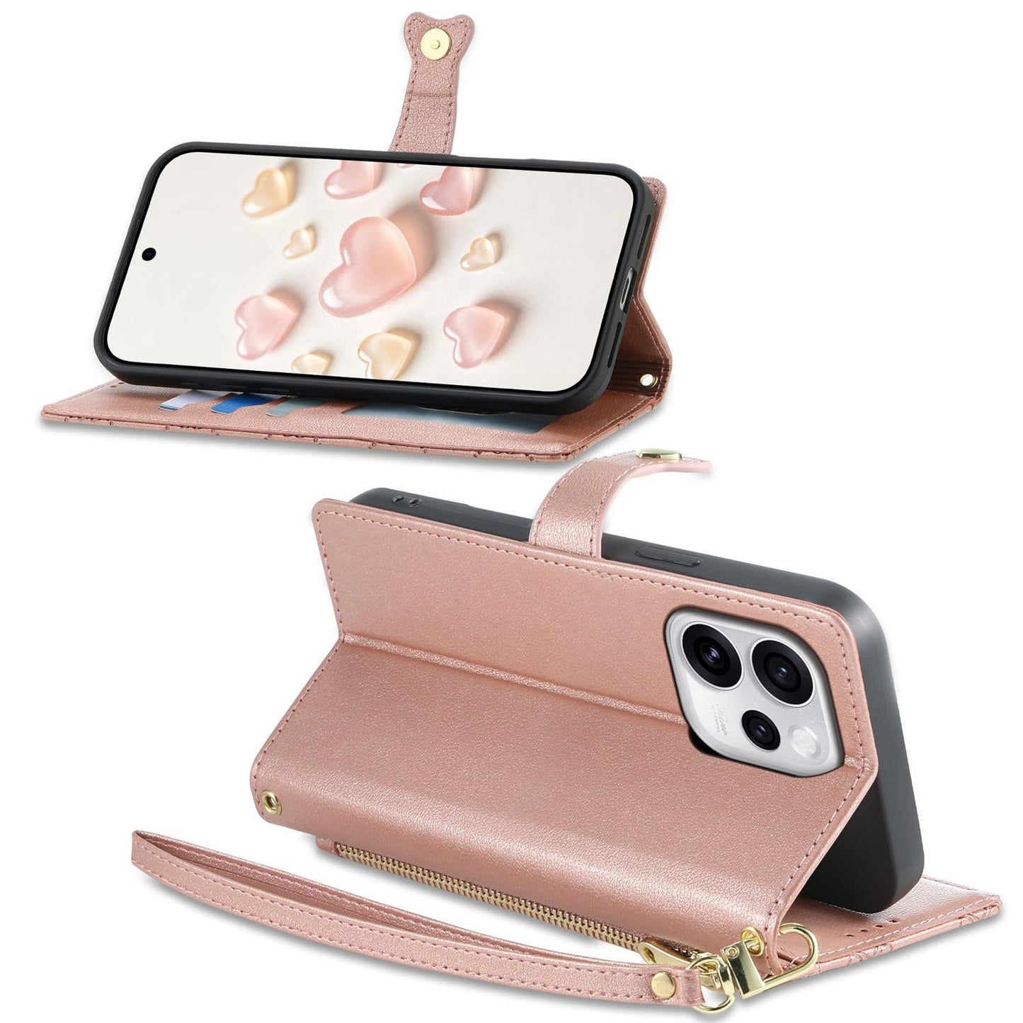 For OPPO Reno15 Pro 5G Global Zipper Wallet Heart Buckle Vegan Leather Phone Case with Wrist Strap(Pink)