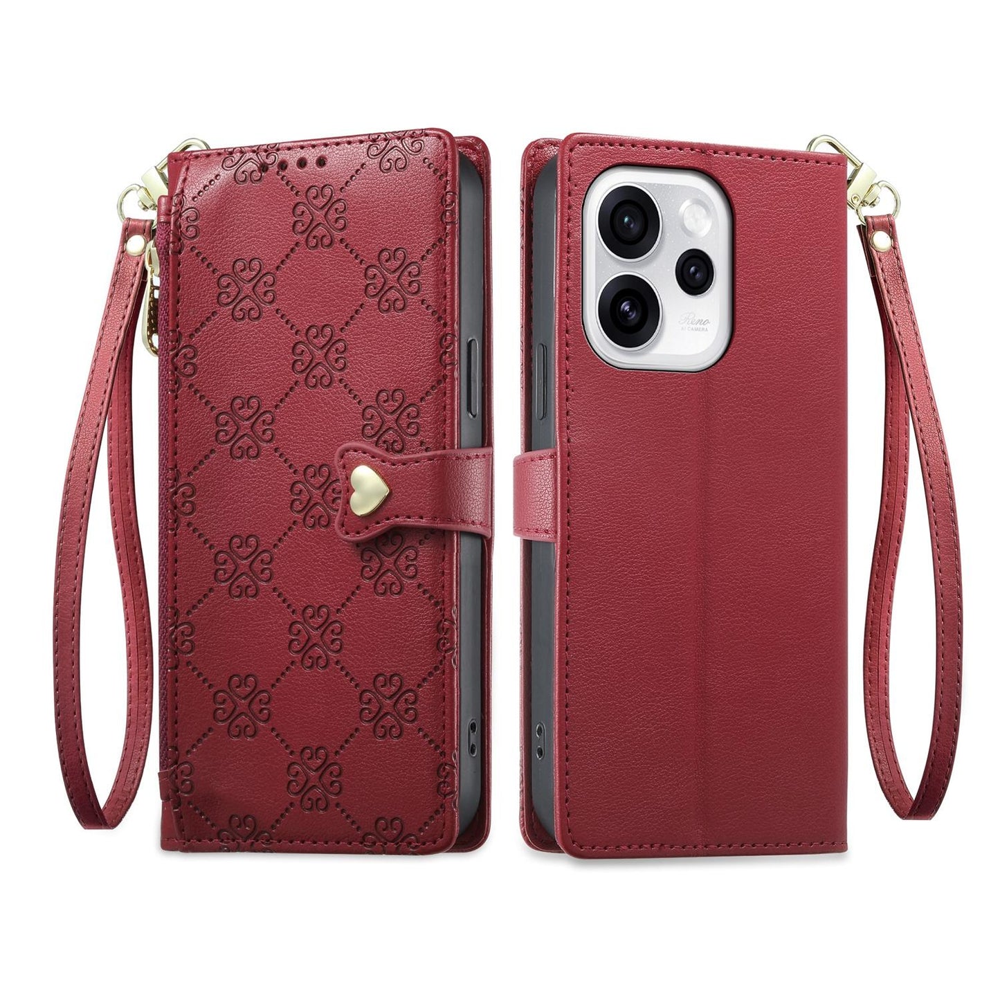 For OPPO Reno15 Pro 5G Global Zipper Wallet Heart Buckle Vegan Leather Phone Case with Wrist Strap(Red)
