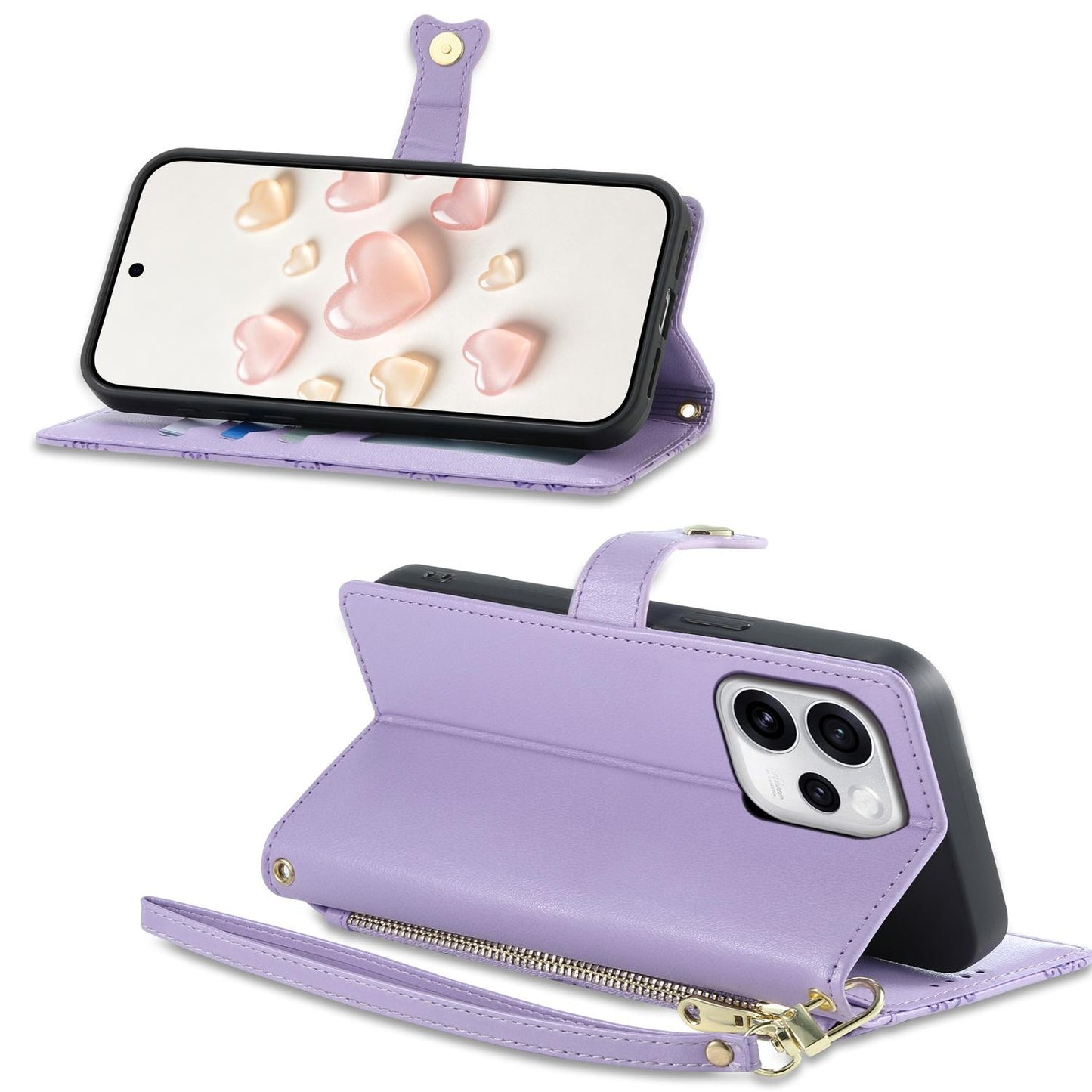 For OPPO Reno15 Pro 5G Global Zipper Wallet Heart Buckle Vegan Leather Phone Case with Wrist Strap(Purple)