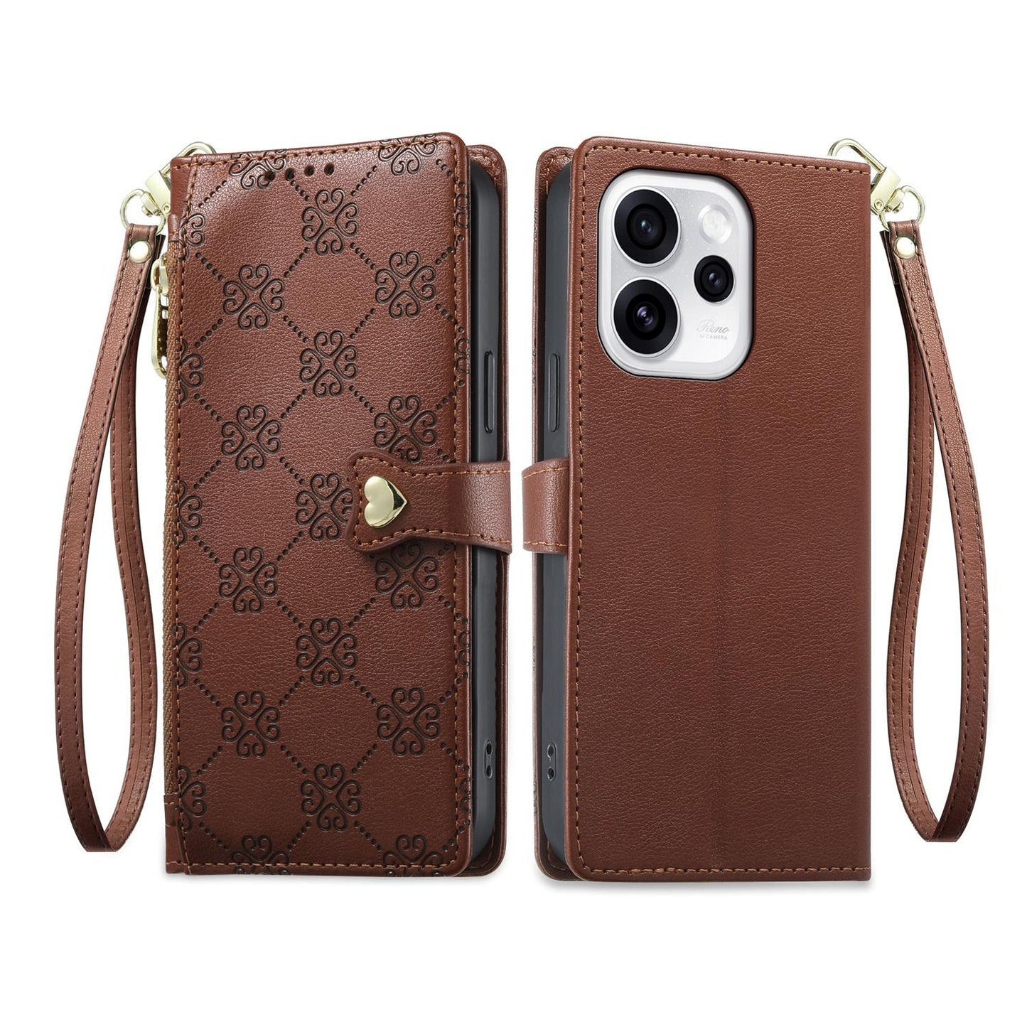For OPPO Reno15 Pro 5G Global Zipper Wallet Heart Buckle Vegan Leather Phone Case with Wrist Strap(Brown)
