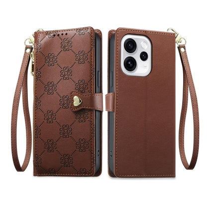 For OPPO Reno15 Pro 5G Global Zipper Wallet Heart Buckle Vegan Leather Phone Case with Wrist Strap(Brown)
