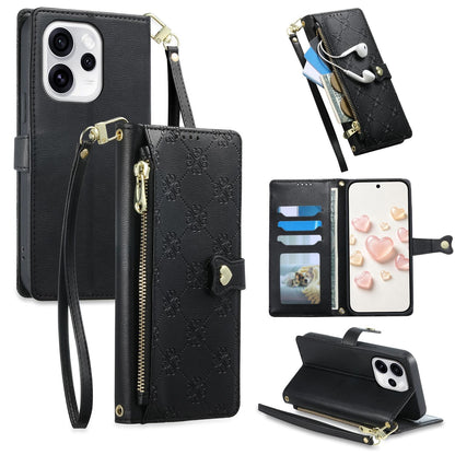 For OPPO Reno15 Pro Max 5G Global Zipper Wallet Heart Buckle Vegan Leather Phone Case with Wrist Strap(Black)