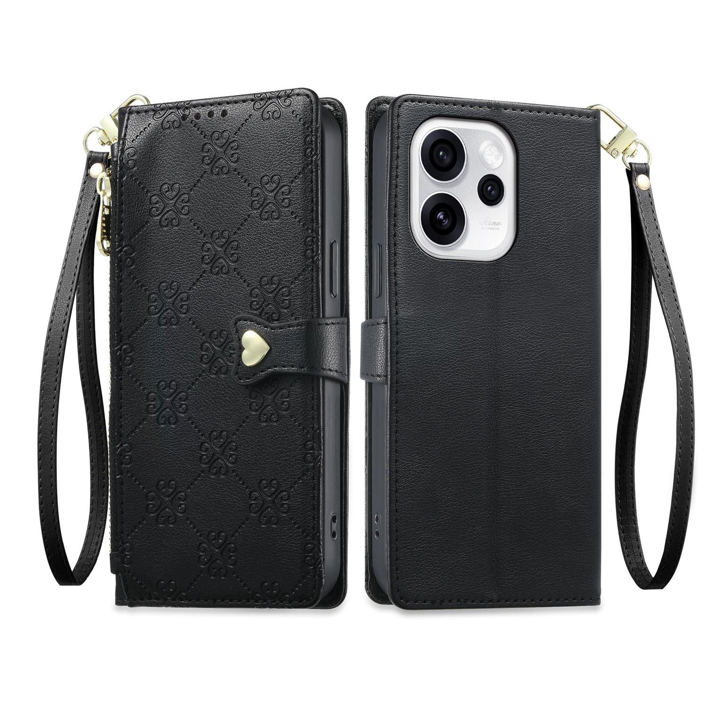 For OPPO Reno15 Pro Max 5G Global Zipper Wallet Heart Buckle Vegan Leather Phone Case with Wrist Strap(Black)