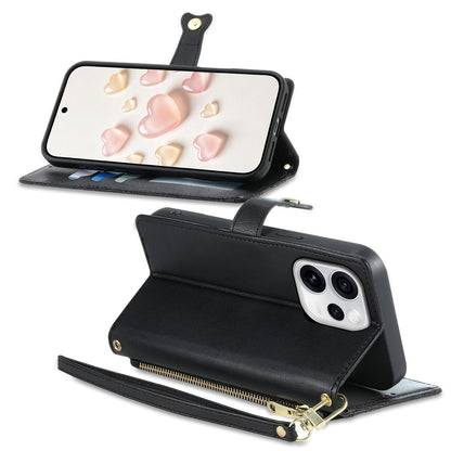 For OPPO Reno15 Pro Max 5G Global Zipper Wallet Heart Buckle Vegan Leather Phone Case with Wrist Strap(Black)