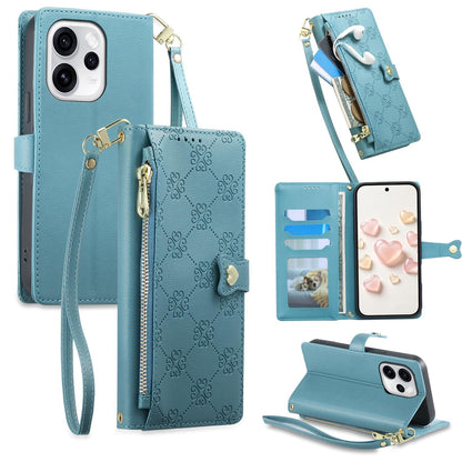 For OPPO Reno15 Pro Max 5G Global Zipper Wallet Heart Buckle Vegan Leather Phone Case with Wrist Strap(Lake Blue)