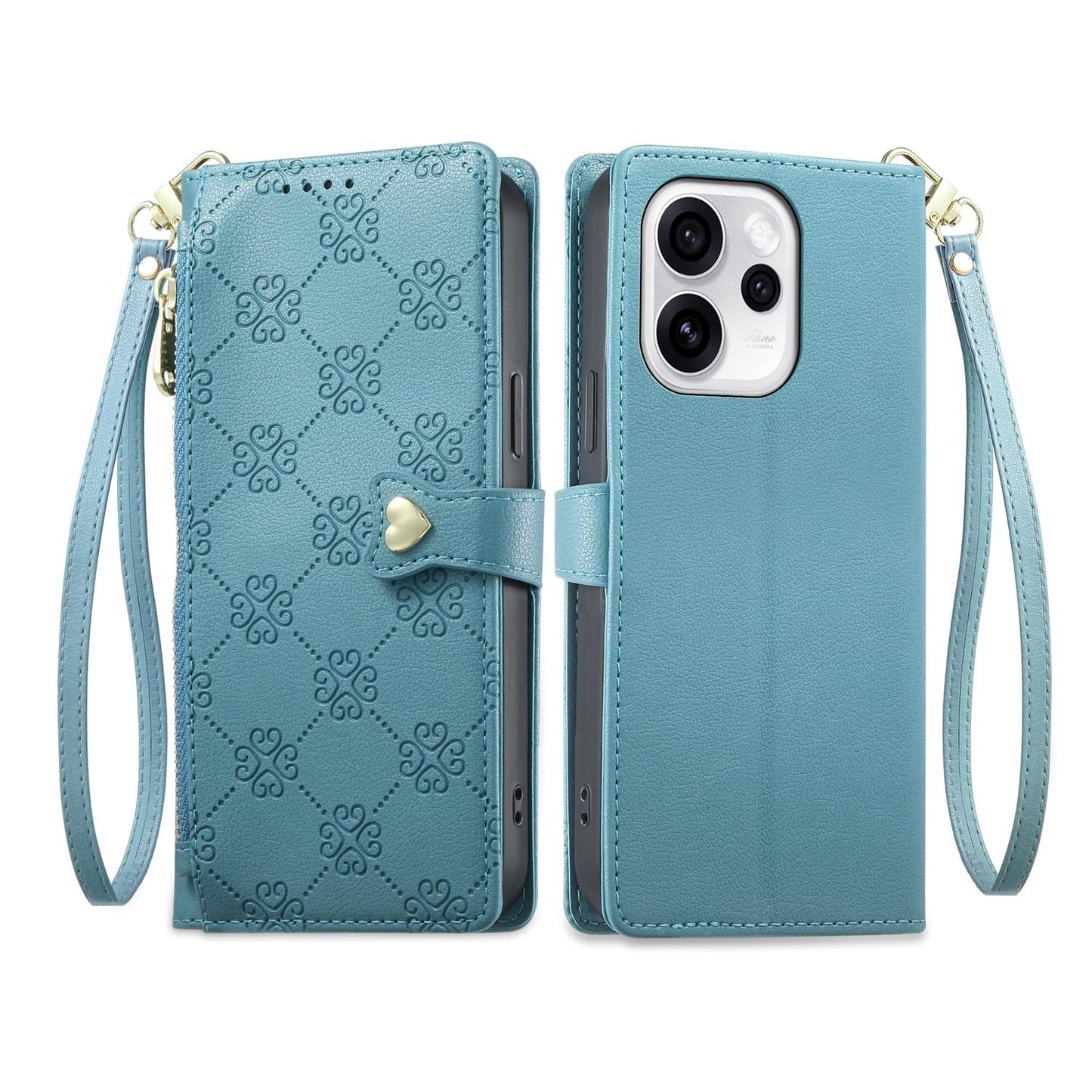 For OPPO Reno15 Pro Max 5G Global Zipper Wallet Heart Buckle Vegan Leather Phone Case with Wrist Strap(Lake Blue)