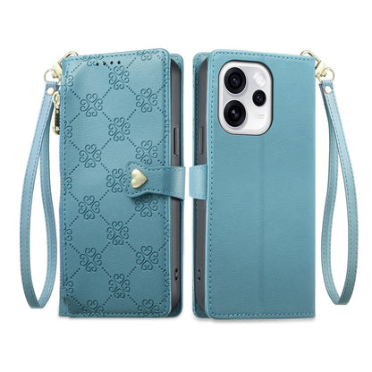 For OPPO Reno15 Pro Max 5G Global Zipper Wallet Heart Buckle Vegan Leather Phone Case with Wrist Strap(Lake Blue)