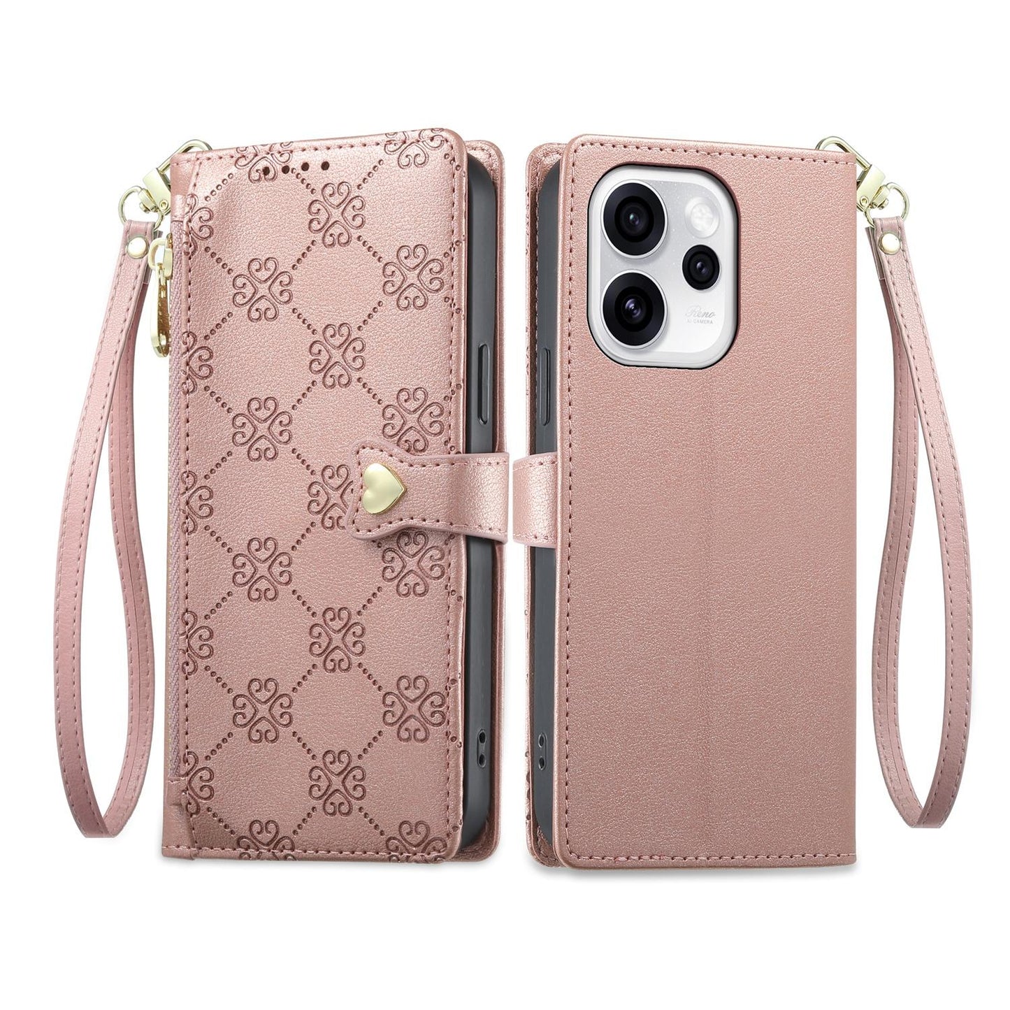 For OPPO Reno15 Pro Max 5G Global Zipper Wallet Heart Buckle Vegan Leather Phone Case with Wrist Strap(Pink)