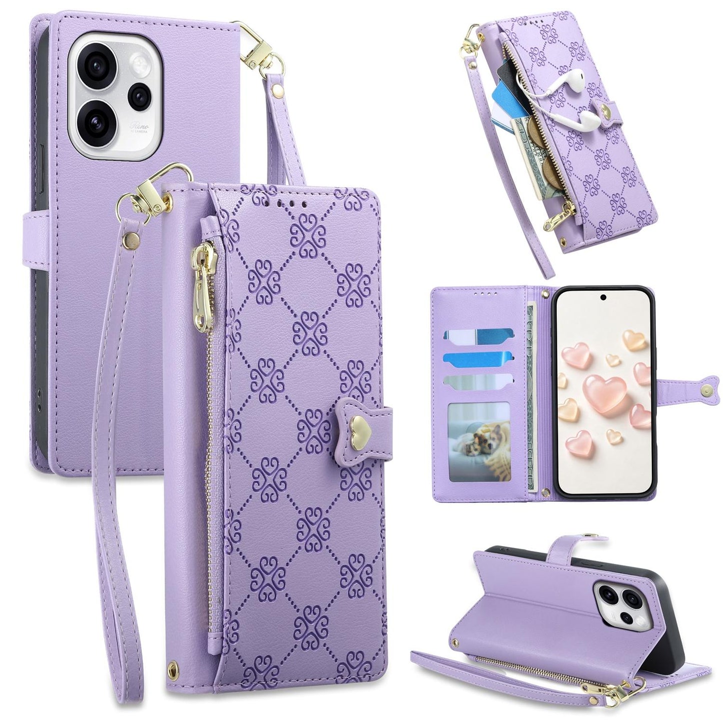 For OPPO Reno15 Pro Max 5G Global Zipper Wallet Heart Buckle Vegan Leather Phone Case with Wrist Strap(Purple)
