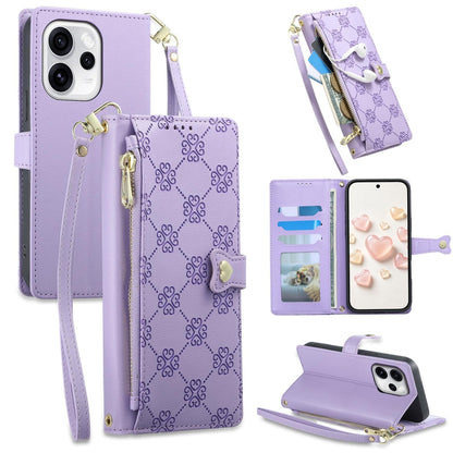 For OPPO Reno15 Pro Max 5G Global Zipper Wallet Heart Buckle Vegan Leather Phone Case with Wrist Strap(Purple)
