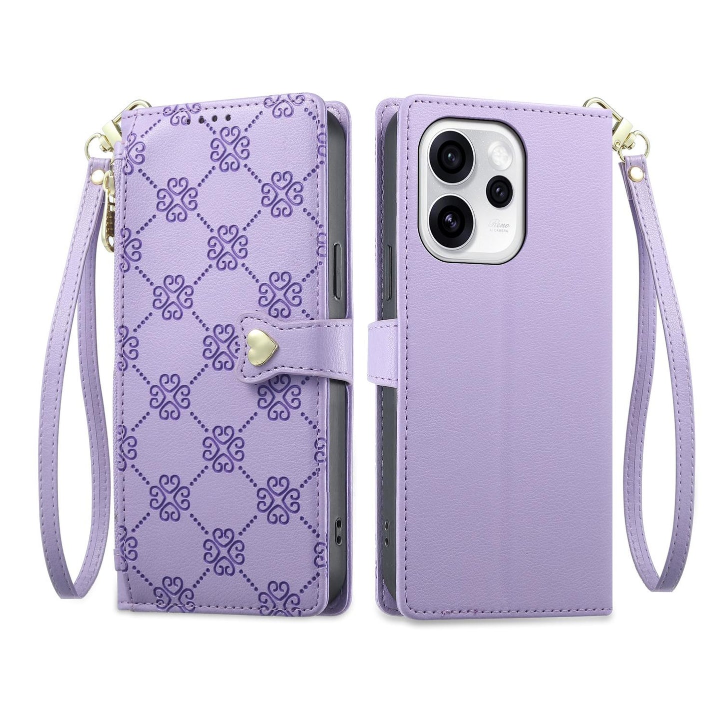 For OPPO Reno15 Pro Max 5G Global Zipper Wallet Heart Buckle Vegan Leather Phone Case with Wrist Strap(Purple)