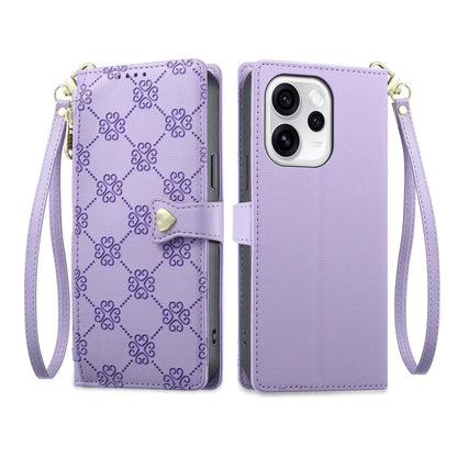 For OPPO Reno15 Pro Max 5G Global Zipper Wallet Heart Buckle Vegan Leather Phone Case with Wrist Strap(Purple)