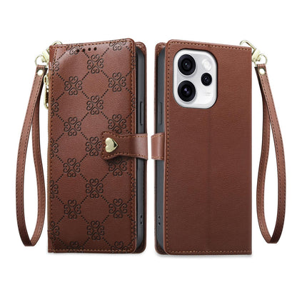 For OPPO Reno15 Pro Max 5G Global Zipper Wallet Heart Buckle Vegan Leather Phone Case with Wrist Strap(Brown)