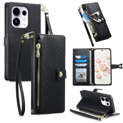 For OPPO Reno16 5G / Reno16 Pro 5G Global Zipper Wallet Heart Buckle Vegan Leather Phone Case with Wrist Strap(Black)