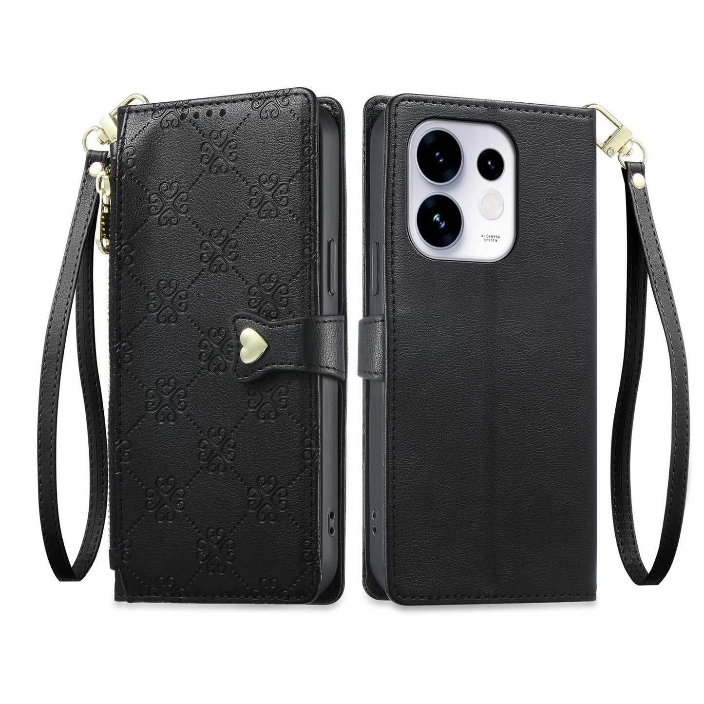 For OPPO Reno16 5G / Reno16 Pro 5G Global Zipper Wallet Heart Buckle Vegan Leather Phone Case with Wrist Strap(Black)