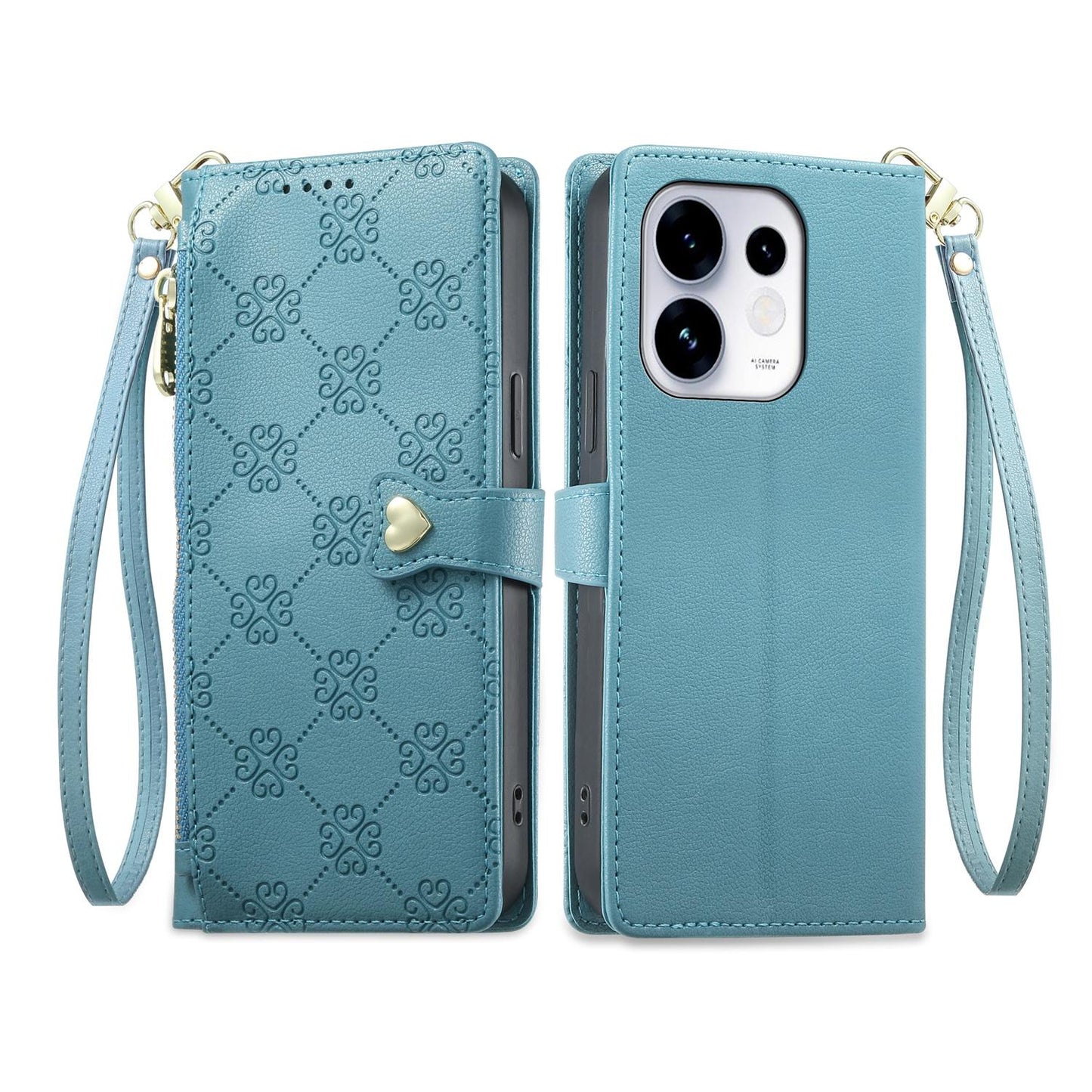 For OPPO Reno16 5G / Reno16 Pro 5G Global Zipper Wallet Heart Buckle Vegan Leather Phone Case with Wrist Strap(Lake Blue)
